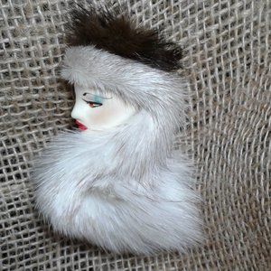 Vintage  Lady Face Brooch with Fur Hat & Stole